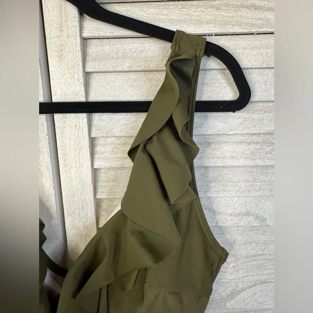 Olive Green Ruffle One Piece Swimsuit Size Large Tummy Control Beach Chic